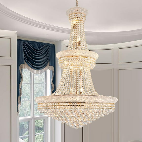 Posiosa Large Gold Crystal Chandelier Light - Diameter 31.5", 3 Layers Ceiling Haning Chandeliers, Pendant Lighting for Living Room, Dining Room, Foyer
