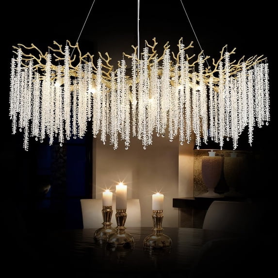 Posiosa Modern Crystal Tree Branch Chandelier, Large Luxury Gold Linear Round Raindrop Pendant Light Fixture Ceiling Hanging Light for Dining Room Bedroom Living Room Entryway Length-47.2 inch