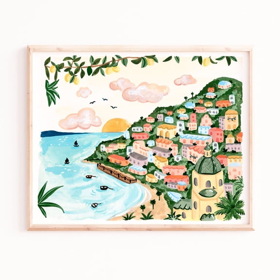 Positano Art Poster Amalfi Coast Scene - Hand Painted Gouache Poster Art Print Home Decor, Stretched Canvas Size 16x24 F03.1.20l782