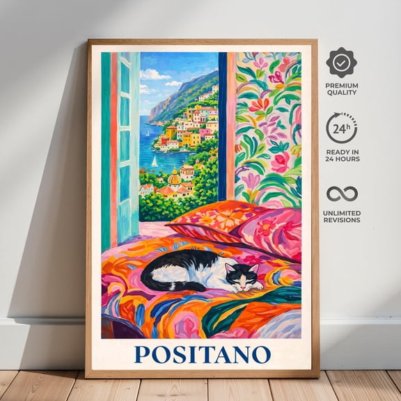 Positano Cat Amalfi Window View Poster Unframed Paper Print