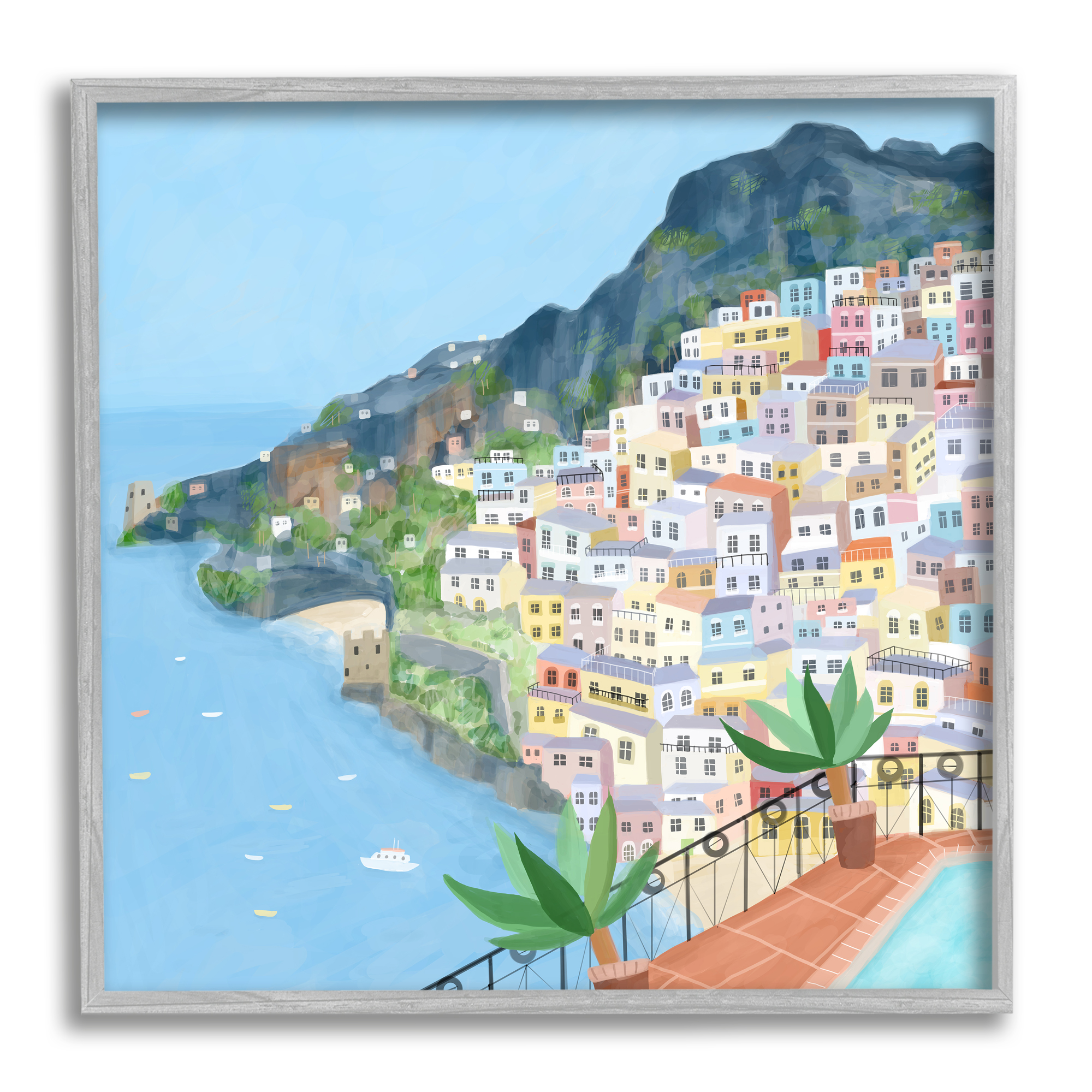 Positano Cliffside Coastal City Architecture Italian Buildings Town & City Framed Art Print Wall Art, 17x17