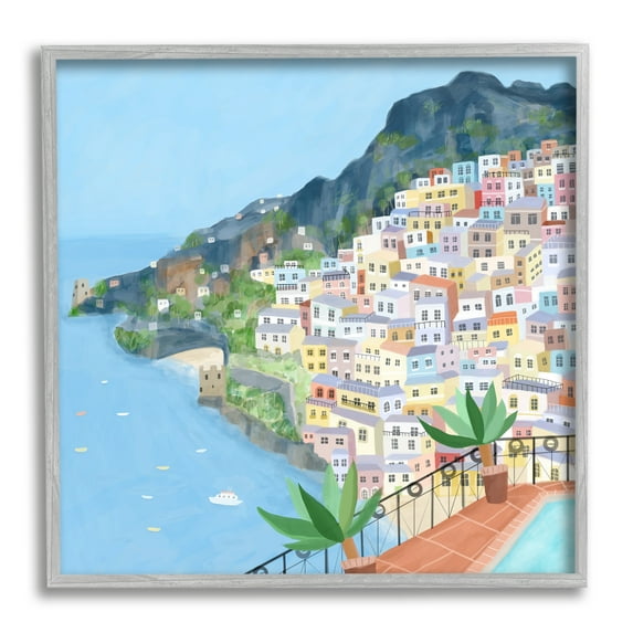 Positano Cliffside Coastal City Architecture Italian Buildings Town & City Framed Art Print Wall Art, 17x17