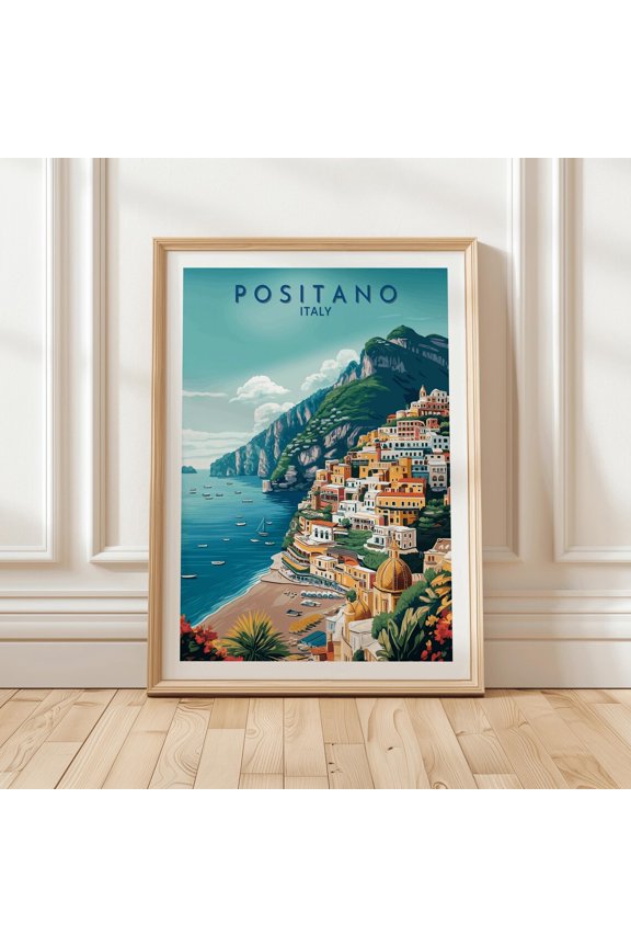 Positano Cliffside Houses Travel Poster, Unframed Paper Poster 8x10in