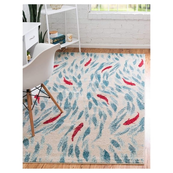 Positano Collection Coastal Modern Bright Colors Fish Beige Area Rug (7' x 10')