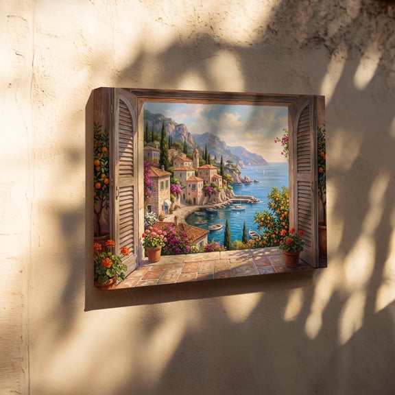 Positano Italy Landscape Canvas Open Window View Ocean Wall Decor Mediterranean Village Painting