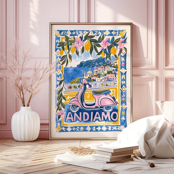 Positano Italy Poster: Pink Motorino, Lemons, Travel Art, Unframed Poster Size 16x24