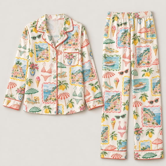 Long Point Bech Positano Long Pajamas Set, Italian Beach Club Print Satin Sleepwear for ...