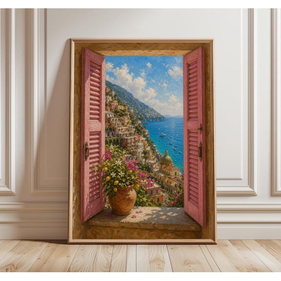 Positano Mediterranean Window View Poster, Unframed Paper Poster 8x10in