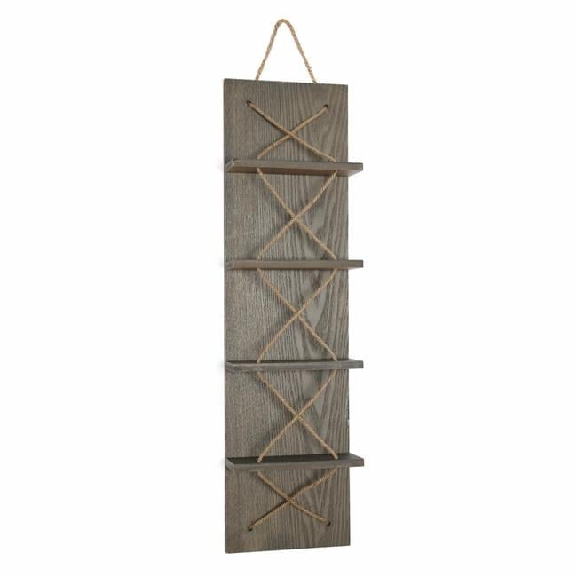 Rustic Gray Pine Wood Wall-Mounted Wine Rack with Natural Rope Accents