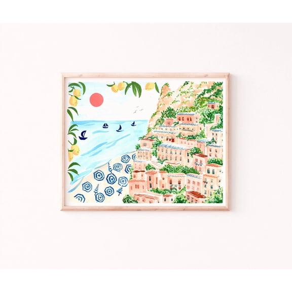 Positano Poster Italian Coastal Village with Peach Homes, Stretched Canvas Size 8x12 F03.1.19l1340