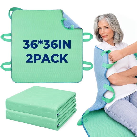 Positioning Bed Pad with Reinforced Handles 36" X 36" Patient Transfer Sheet Aid Assistant for Body Lifting, Turning, Repositioning, for Elderly, Incontinence, Caregiver, Green