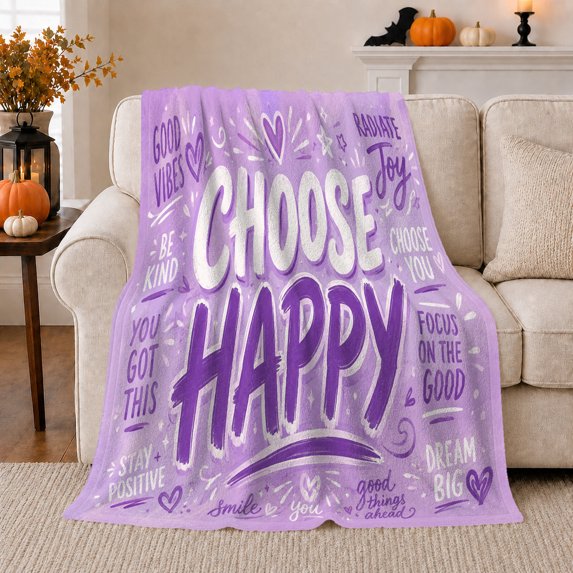 Positive Affirmation Choose Happy Typography Collage Purple, Cozy Typography Art Scene, Warm Flannel Blanket for Living Room and Reading Nook, Art Lovers Valentine's Day Gift, Artistic Home Decor
