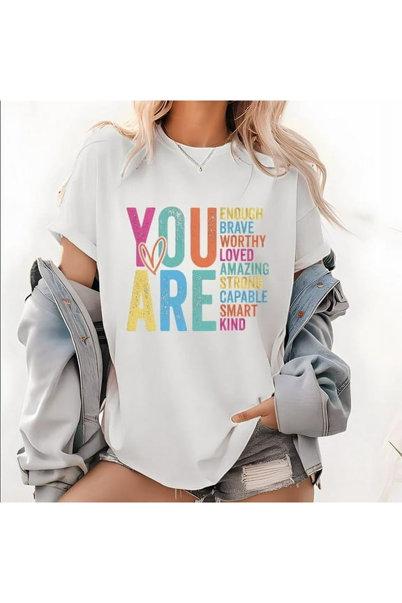 Positive Affirmation Print T Shirts "You Are Capable" Encouraging Message Casual Pattern Tops for Womens Self-Love & Strength,S-5XL