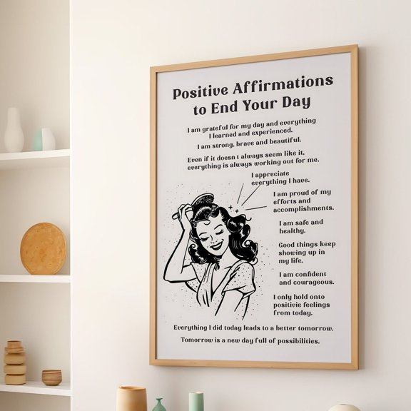 Positive Affirmations Poster, Retro Bathroom Wall Art