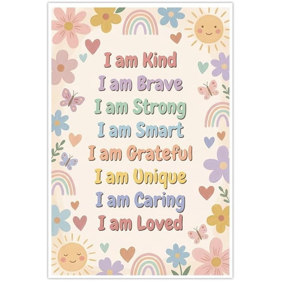 Positive Affirmations Wall Art Poster Colorful Flower Rainbow Design for Kids Bedroom Nursery Decor Inspiring Self Esteem Motivational Prints for Home Decor--