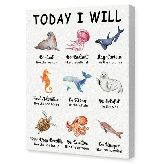 Positive Affirmations Wall Decor,Ocean Animals Nursery Wall Art,Inspirational Quotes Wall Art for Kids,Today I Will Be Kind like the Walrus Canvas Wall Decor for Toddler Kids Room