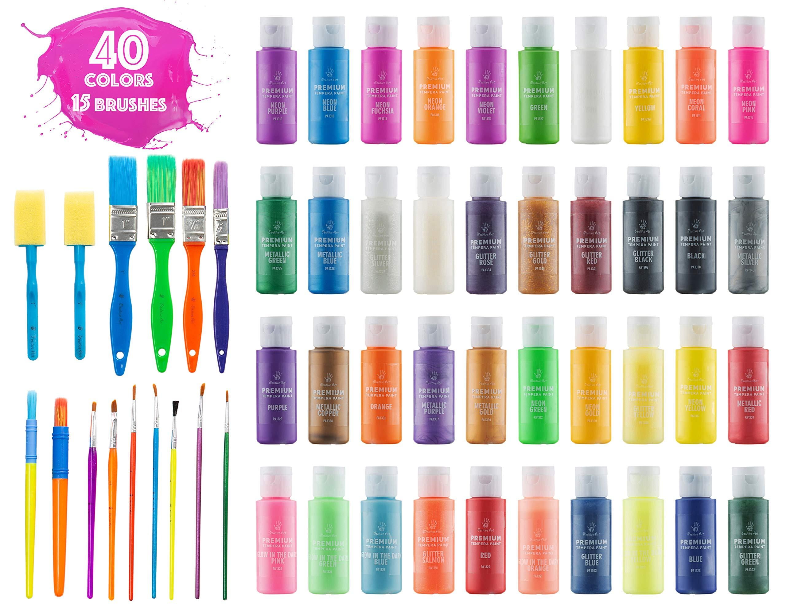 Positive Art Kids Tempera Paint Set 2oz Washable Non-Toxic Colorful Paints 40 Pack