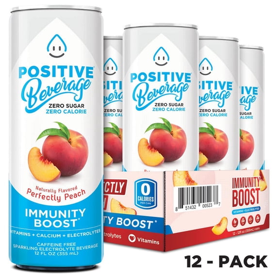 Positive Beverage Drink - Zero Calorie, Zero Sugar Immunity Support, Vitamins, Calcium, Electrolytes - Perfectly Peach