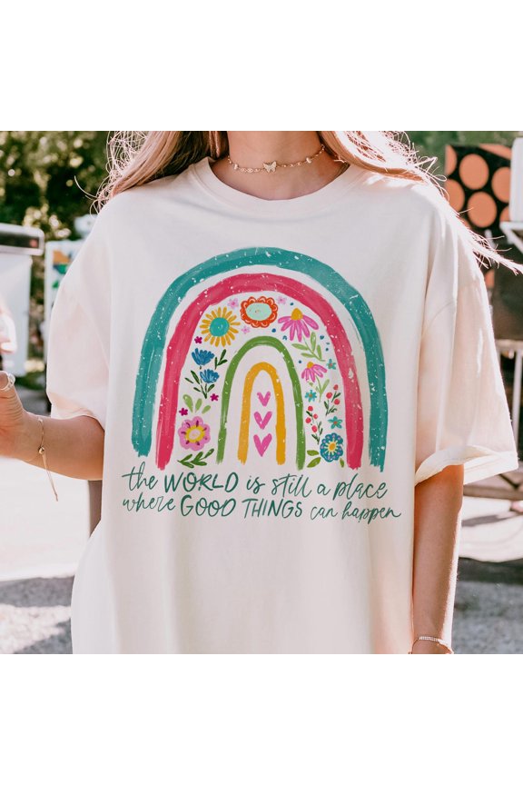 Positive Boho Floral Quote Shirt, Peace and Kindness T-Shirt, Inspirational Rainbow Tee, Brush Style Flowers, Uplifting Graphic Tee