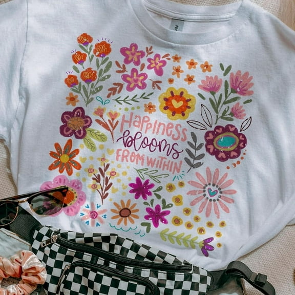 Positive Boho Floral Quote T-Shirt, Happiness Blooms from Within Tee, Inspirational Kindness Shirt, Flower Graphic Tee