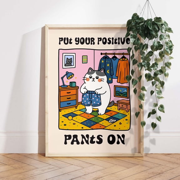 Positive Cat Cute Motivational Kawaii Wall Picture, Stretched Canvas 12x16in