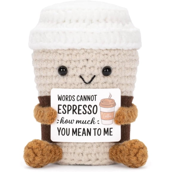 Positive Crochet Coffee Doll: Emotional Support Desk Toy with Card, Funny Gag Birthday Gift for Women Friends Teacher Coworker Pick Me Up Toy