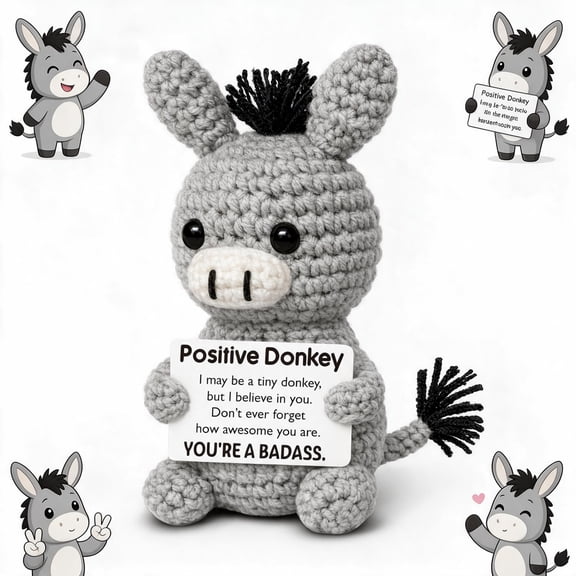 Positive Crochet Donkey, Funny Inspirational Donkey Figurine, Christmas Stocking Stuffers, Daily Affirmation Desk Decor and Holiday Christmas Gifts for Friends, Family and Coworkers