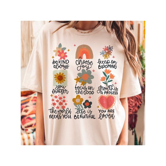 Positive Doodle Floral Shirt, Boho Rainbow T-Shirt with Uplifting Affirmations, Inspirational Flowers Tee, Motivational Positive Message Graphic