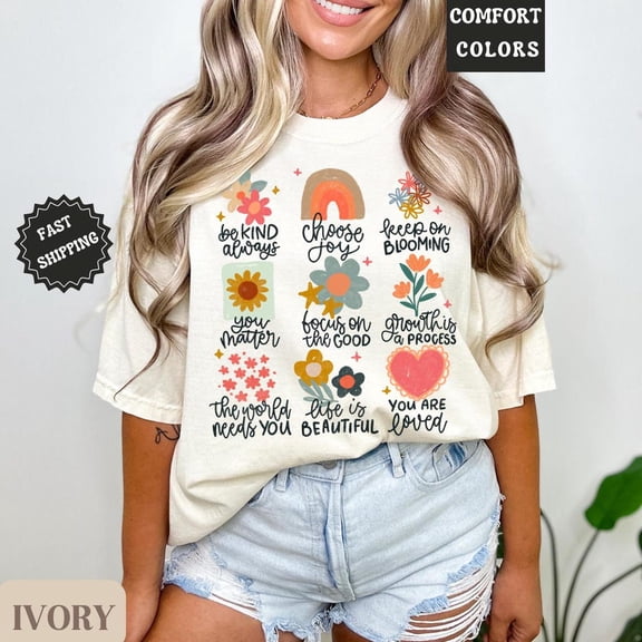 Positive Doodle Shirt, Cute Tee, Flower Graphic Tee Happy Quote T-Shirt Inspirational Graphic Tee Doodle Letter Shirt Kindness Tee Unisex S-5XL Hot Trending Shirt, Vintage Birthday Gift