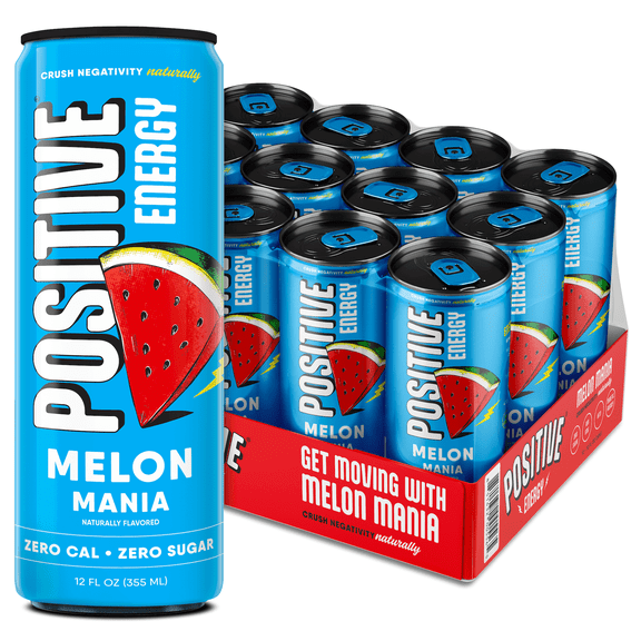 Positive Energy Drink - Melon Mania | Zero Sugar, Zero Calorie, 12oz Cans (Pack of 12) | Hydrating Electrolytes, Immunity Support with Zinc, Healthy Energy Boost