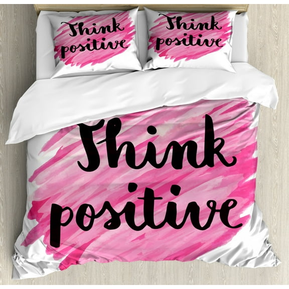 Positive Energy Duvet Cover Set King Size, Creative Design Cursive Written Words on Pink Tone Strokes, Decorative 3 Piece Bedding Set with 2 Pillow Shams, Pink Pale Pink Black White, by Ambesonne