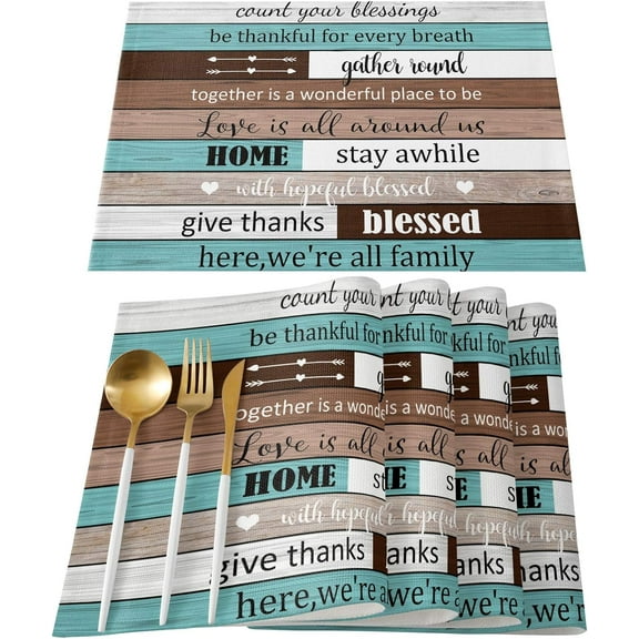 Positive Energy Positive Words Thanks Home Family Retro Farmhouse Wood Grain Patckwork Placemats for Dinning Table Set of 6 Cloth Table Mats Cotton Linen Place Mats Dinner Mat Farmhouse Table Decor