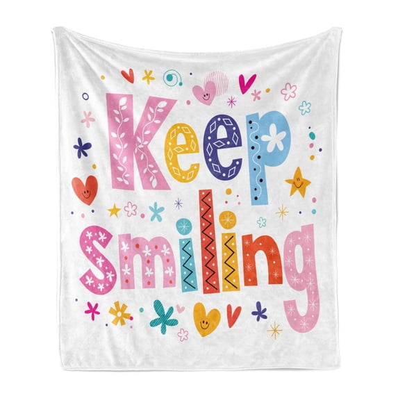 Positive Energy Soft Flannel Fleece Throw Blanket, Cheerful Design Keep Smiling Typography with Colorful Print, Cozy Plush for Indoor and Outdoor Use, 50" x 60", Multicolor, by Ambesonne