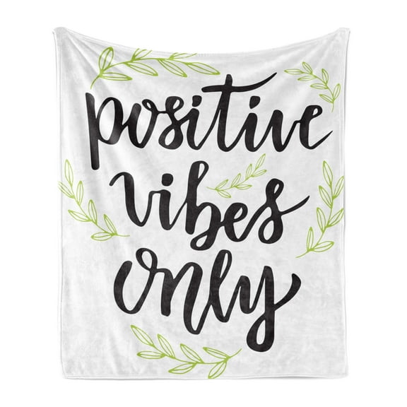 Positive Energy Soft Flannel Fleece Throw Blanket, Positives Vibes Only Words and Outline Leafy Branches, Cozy Plush for Indoor and Outdoor Use, 50" x 60", Apple Green Grey, by Ambesonne