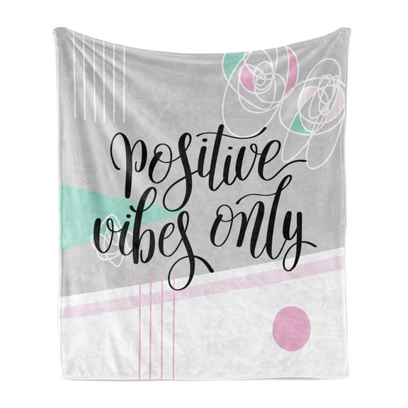 Positive Energy Soft Flannel Fleece Throw Blanket, Positive Vibes Only on Creative Design Abstract Backdrop Print, Cozy Plush for Indoor and Outdoor Use, 70" x 90", Pale Grey Multicolor, by Ambesonne