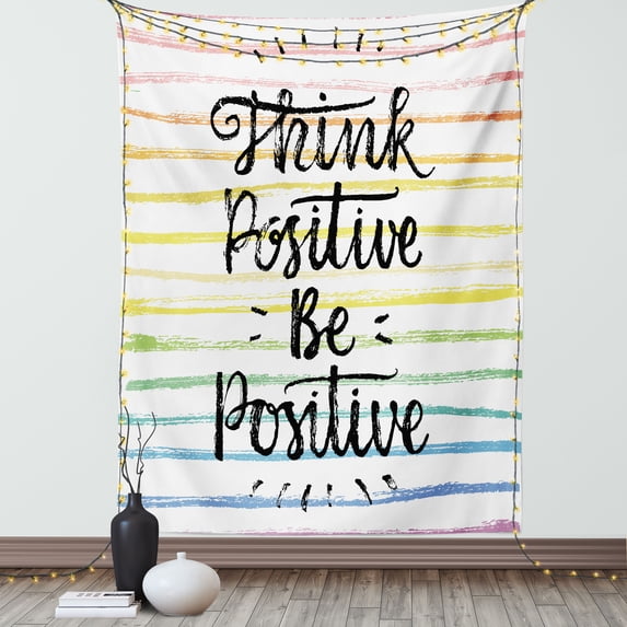 Positive Energy Tapestry, Motivational Words on Pastel Tone Rainbow Colors Brushstroke Lines, Wall Hanging for Bedroom Living Room Dorm Decor, 60W X 80L Inches, Multicolor, by Ambesonne