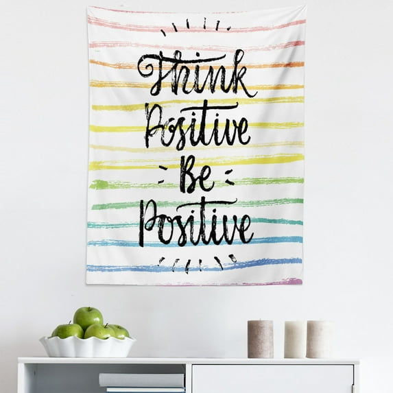 Positive Energy Tapestry, Words on Pastel Tone Rainbow Colors Brushstroke Lines, Fabric Wall Hanging Decor for Bedroom Living Room Dorm, 5 Sizes, Multicolor, by Ambesonne