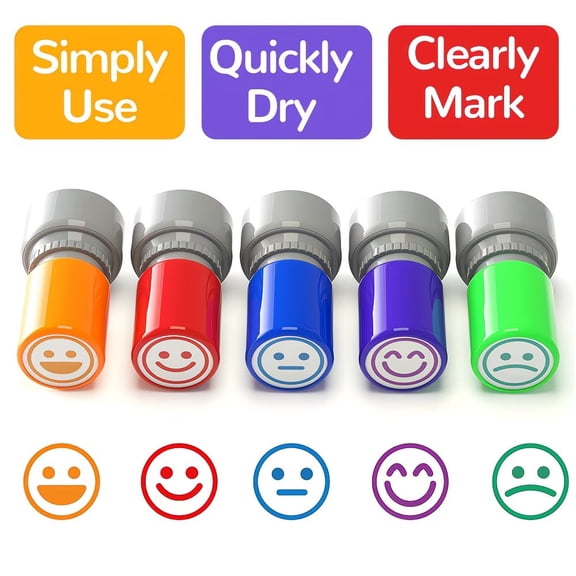 Positive Feedback Teacher Stamp Set - 5 Self-Inking Grading Stamps with Cheerful Smiley Faces for Classroom Motivation