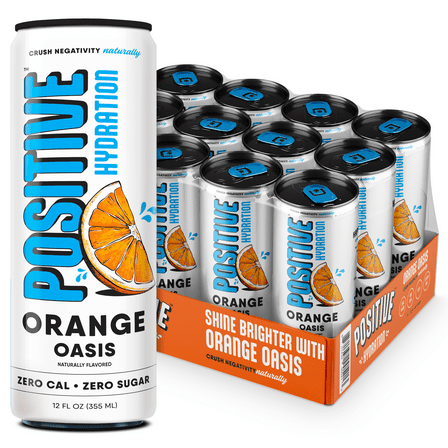 Positive Hydration Orange Oasis | 12-oz Cans (12-Pack) | Zero-Calorie Electrolyte Drink with Essential Vitamins, Calcium, and Hydration Support