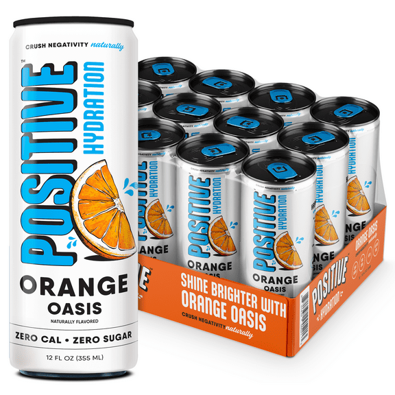 Positive Hydration Orange Oasis | 12-oz Cans (12-Pack) | Zero-Calorie Electrolyte Drink with Essential Vitamins, Calcium, and Hydration Support