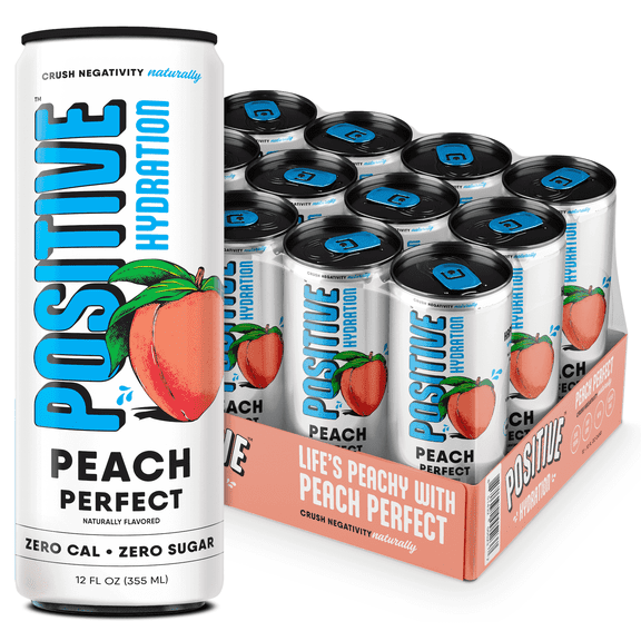 Positive Hydration Peach Perfect | 12-oz Cans (12-Pack) | Zero-Calorie Electrolyte Drink with Essential Vitamins, Calcium, and Hydration Support