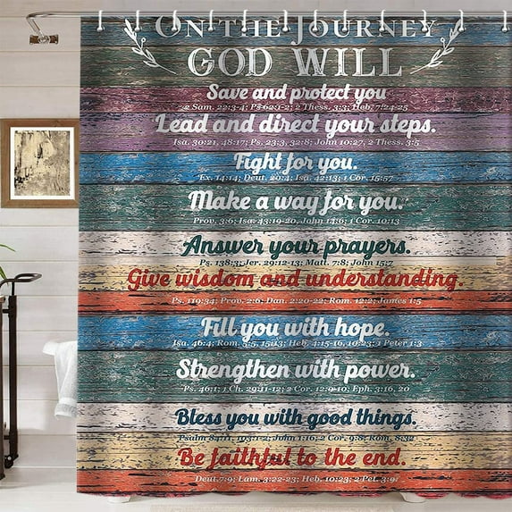 Positive Inspirational Quotes Shower Curtain, Country Vintage Colorful Wood Planks Rustic Farmhouse Bathroom Decor, Waterproof Polyester Fabric Shower Curtain, 72x72 Inch, On The Journey