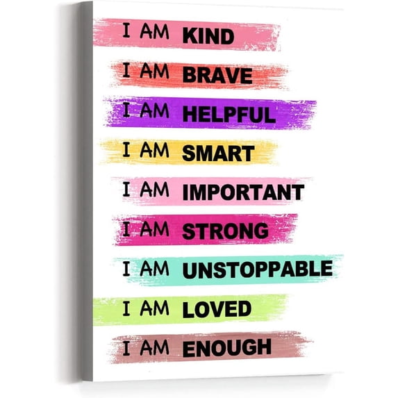 Positive Inspirational Quotes Wall Art Canvas,I AM Kind Brave Affirmations Motivational Canvas Prints Framed Wall Art for Kids Room Nursery Décor,Encouragement Gifts for Kids Teens