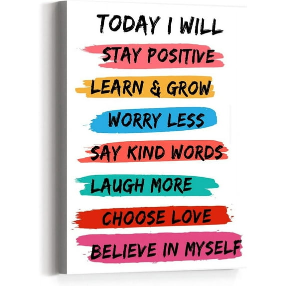 Positive Inspirational Quotes Wall Art Canvas,Today I Will Stay Positive Learn & Grow Motivational Canvas Prints Framed Wall Art for Kids Room Nursery Décor,Encouragement Gifts for Kids Teens