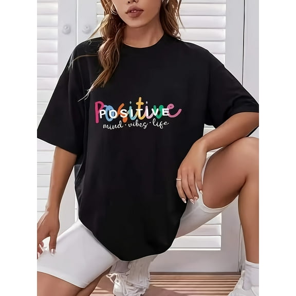 Positive Letter Graphic Casual Sports T-shirt, Short Sleeve Round Neck Running Workout Summer Top, Women's Activewear