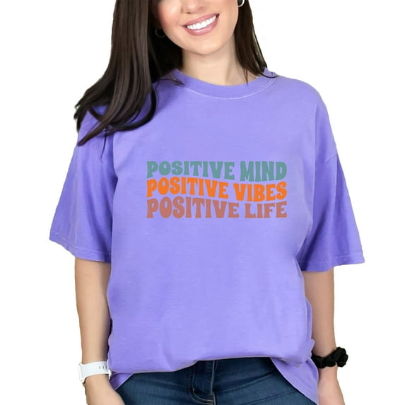 Positive Mind, Positive Vibes, Positive Life, Inspirational Quote, Groovy Retro Wavy Text, Violet Comfort Colors T-Shirt, Medium