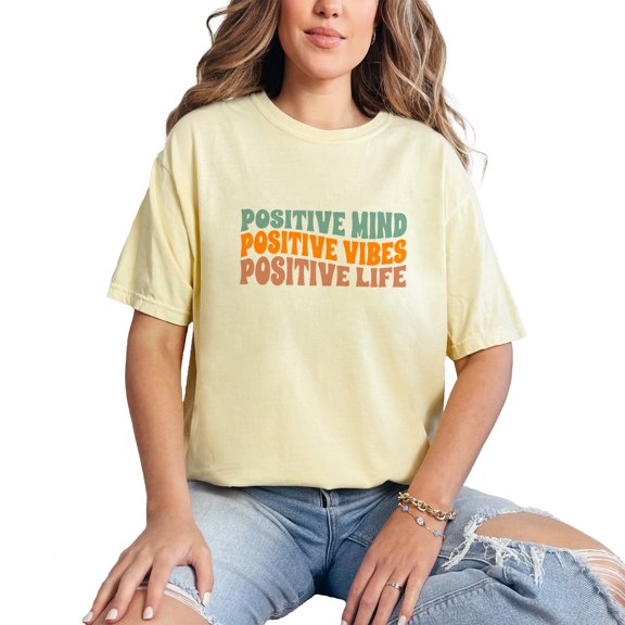 Positive Mind, Positive Vibes, Positive Life, Positivity Quote, Groovy Retro Wavy Text, Butter Comfort Colors T-Shirt, XL