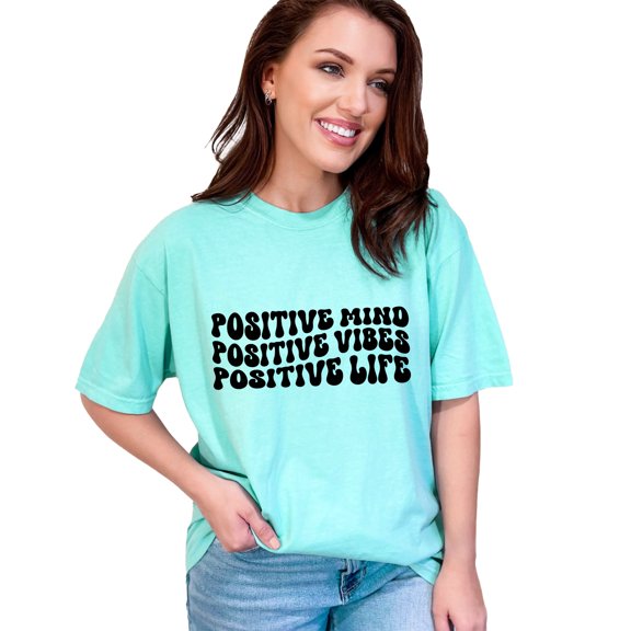 Positive Mind, Positive Vibes, Positive Life Quote, Groovy Retro Wavy Text, Chalky Mint Comfort Colors T-Shirt, Small