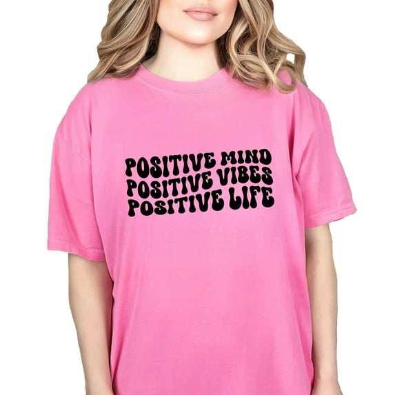 Positive Mind, Positive Vibes, Positive Life Quote, Groovy Retro Wavy Text, Crunchberry Comfort Colors T-Shirt, XL