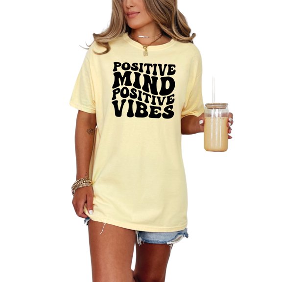 Positive Mind, Positive Vibes, Positivity Quote, Groovy Retro Wavy Text, Butter Comfort Colors T-Shirt, XL